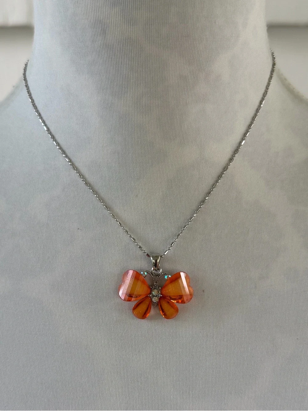 Orange Crystal Butterfly Pendant Necklace – Silver Tone Chain Sparkly Statement